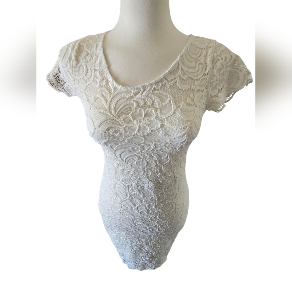 CISONO White Ivory Flutter Sleeve Sheath Dress for Wedding Guests Size M - Picture 4 of 7